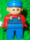 Minifig No: 4555pb027  Name: Duplo Figure, Male, Blue Legs, Red Top with Blue Overalls, Blue Cap, Turned Up Nose