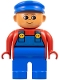 Minifig No: 4555pb027  Name: Duplo Figure, Male, Blue Legs, Red Top with Blue Overalls, Blue Cap, Turned Up Nose