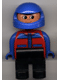 Minifig No: 4555pb029  Name: Duplo Figure, Male, Black Legs, Red and Blue Zippered Jacket, Blue Racing Helmet