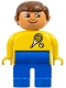 Minifig No: 4555pb032  Name: Duplo Figure, Male, Blue Legs, Yellow Top with Tennis Racket and Ball Pattern, Brown Hair