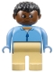 Minifig No: 4555pb034  Name: Duplo Figure, Male, Tan Legs, Blue Zippered Jacket, Black Curly Hair, Brown Head