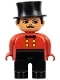 Lot ID: 355509633  Minifig No: 4555pb036  Name: Duplo Figure, Male, Black Legs, Red Top, Top Hat (Circus Ringmaster)