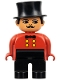 Minifig No: 4555pb036a  Name: Duplo Figure, Male, Black Legs, Red Top, Top Hat, no White in Eyes Pattern (Circus Ringmaster)