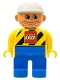 Lot ID: 71069532  Minifig No: 4555pb038  Name: Duplo Figure, Male, Blue Legs, Yellow Top with Black Stripes and Lego Logo, Construction Hat White