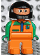 Minifig No: 4555pb041  Name: Duplo Figure, Male, Orange Legs, Orange Top with Racer Zipper, Green Arms, Black Helmet