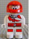 Lot ID: 123630536  Minifig No: 4555pb042  Name: Duplo Figure, Male Action Wheeler, White Legs, White Top with Racer Red Lightning Bolt and Lines, Red Helmet with Large Eyes