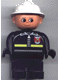 Minifig No: 4555pb045 Name: Duplo Figure, Male Fireman, Black Legs, Black Top with Fire Logo and Zipper, White Fire Helmet Minifig No: 4555pb045 Name: Duplo Figure, Male Fireman, Black Legs, Black Top with Fire Logo and Zipper, White Fire Helmet