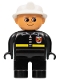 Minifig No: 4555pb045  Name: Duplo Figure, Male Fireman, Black Legs, Black Top with Fire Logo and Zipper, White Fire Helmet