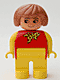 Lot ID: 412408289  Minifig No: 4555pb047  Name: Duplo Figure, Female, Yellow Legs, Red Top with Yellow and Red Polka Dot Scarf, Yellow Arms, Fabuland Brown Hair, without Nose