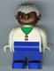 Lot ID: 362019429  Minifig No: 4555pb048  Name: Duplo Figure, Male, Blue Legs, White Two Button Cardigan, Gray Hair, Brown Head