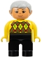 Minifig No: 4555pb050  Name: Duplo Figure - Male, Adult Man, Black Legs, Yellow Top with Argyle Pattern, Light Gray Hair, Nougat Head (75499)