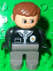 Minifig No: 4555pb059  Name: Duplo Figure, Male Police, Dark Gray Legs, Black Top with Zipper, Tie and Badge, Brown Hair