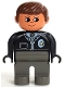 Minifig No: 4555pb059  Name: Duplo Figure, Male Police, Dark Gray Legs, Black Top with Zipper, Tie and Badge, Brown Hair
