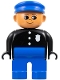 Minifig No: 4555pb061a  Name: Duplo Figure, Male Police, Blue Legs, Black Top with 3 Buttons and Badge, Blue Hat and Nose Bow Line Down