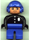 Minifig No: 4555pb062 Name: Duplo Figure, Male Police, Blue Legs, Black Top with 3 Buttons and Badge, Blue Aviator Helmet and Nose Bow Line Up Minifig No: 4555pb062 Name: Duplo Figure, Male Police, Blue Legs, Black Top with 3 Buttons and Badge, Blue Aviator Helmet and Nose Bow Line Up