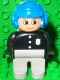 Lot ID: 351318063  Minifig No: 4555pb063  Name: Duplo Figure, Male Police, Light Gray Legs, Black Top with 3 Buttons and Badge, Blue Aviator Helmet