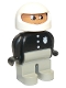 Minifig No: 4555pb064  Name: Duplo Figure, Male Police, Light Gray Legs, Black Top with 3 Buttons and Badge, White Racing Helmet