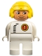 Lot ID: 348068288  Minifig No: 4555pb066  Name: Duplo Figure, Male, White Legs, White Top with Black Zipper and Racer #1, Yellow Aviator Helmet