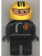 Minifig No: 4555pb067  Name: Duplo Figure, Male, Black Legs, Black Top with White Zipper and Racer #1, Yellow Helmet with Black Stripes