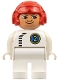 Minifig No: 4555pb069  Name: Duplo Figure, Male, White Legs, White Top with Black Zipper and Racer #2, Red Aviator Helmet