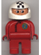 Lot ID: 256788971  Minifig No: 4555pb070  Name: Duplo Figure, Male, Red Legs, Red Top with Black Zipper and Racer #2, White Helmet with Checkered Stripe
