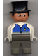 Lot ID: 373981770  Minifig No: 4555pb074  Name: Duplo Figure, Male, Dark Gray Legs, White Top with Blue Vest with Pocket and Two Buttons, Black Top Hat