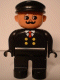 Minifig No: 4555pb075  Name: Duplo Figure, Male, Black Legs, Black Top with 4 Yellow Buttons and Red Tie, Black Hat, Curly Moustache (Train Engineer)
