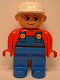 Minifig No: 4555pb076 Name: Duplo Figure, Male, Blue Legs, Red Top with Blue Overalls, Construction Hat White, Turned Up Nose Minifig No: 4555pb076 Name: Duplo Figure, Male, Blue Legs, Red Top with Blue Overalls, Construction Hat White, Turned Up Nose