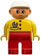 Minifig No: 4555pb077  Name: Duplo Figure, Female, Red Legs, Yellow Top with Red Buttons & Wrench in Pocket, Construction Hat White