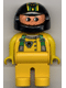 Lot ID: 347856724  Minifig No: 4555pb083  Name: Duplo Figure, Male, Yellow Legs, Yellow Top with Green Racer Suspenders, Black Helmet with Stripes and Bear Pattern