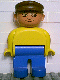 Lot ID: 293012008  Minifig No: 4555pb086a  Name: Duplo Figure, Male, Blue Legs, Yellow Top, Brown Cap, no White in Eyes Pattern