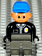 Minifig No: 4555pb090  Name: Duplo Figure, Male Police, Dark Gray Legs, Black Top with Zipper, Tie and Badge, Blue Cap