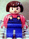 Minifig No: 4555pb093  Name: Duplo Figure, Female, Blue Legs, Red Top with Blue Overalls, Brown Hair, Turned Down Nose