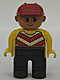 Lot ID: 351318054  Minifig No: 4555pb096  Name: Duplo Figure, Male, Black Legs, Chevron Vest, Yellow Arms, Construction Hat Red