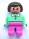 Minifig No: 4555pb097  Name: Duplo Figure, Female, Dark Pink Legs, Medium Green Blouse with Heart Buttons, Brown Hair