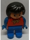 Minifig No: 4555pb099  Name: Duplo Figure, Female, Blue Legs, Red Top with Yellow and Red Polka Dot Scarf, Blue Arms, Black Hair, Turned Down Nose