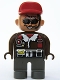 Minifig No: 4555pb101  Name: Duplo Figure, Male Action Wheeler, Dark Gray Legs, Brown Top with Aviator Jacket, Black Belt, Red Cap, Sunglasses, Headset with Microphone (4141904)