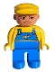 Minifig No: 4555pb105  Name: Duplo Figure, Male, Blue Legs, Yellow Top with Blue Overalls with Airplane, Yellow Cap