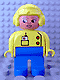 Minifig No: 4555pb107  Name: Duplo Figure, Female, Blue Legs, Yellow Top with Radio in Pocket, Yellow Aviator Helmet, Eyelashes