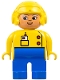 Minifig No: 4555pb107  Name: Duplo Figure, Female, Blue Legs, Yellow Top with Radio in Pocket, Yellow Aviator Helmet, Eyelashes, Turned Down Nose