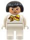 Minifig No: 4555pb112  Name: Duplo Figure, Female, White Legs, White Top and with Yellow and Red Scarf, Black Hair