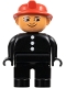 Minifig No: 4555pb114  Name: Duplo Figure, Male Fireman, Black Legs, Black Top with 3 White Buttons, Red Fire Helmet