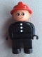 Minifig No: 4555pb114a  Name: Duplo Figure, Male Fireman, Black Legs, Black Top with 3 White Buttons, Red Fire Helmet, Round Eyes