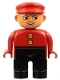 Minifig No: 4555pb117  Name: Duplo Figure, Male, Black Legs, Red Top with 2 Yellow Buttons, Red Cap