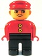 Minifig No: 4555pb117a  Name: Duplo Figure, Male, Black Legs, Red Top with 2 Yellow Buttons, Red Cap, no White in Eyes Pattern