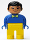 Minifig No: 4555pb120  Name: Duplo Figure, Male, Yellow Legs, Blue Top with Light Green Bow Tie, Black Hair, Grin
