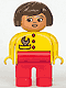 Minifig No: 4555pb121  Name: Duplo Figure, Female, Red Legs, Yellow Top with Red Buttons & Wrench in Pocket, Brown Hair, Turned Down Nose