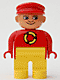 Lot ID: 387519649  Minifig No: 4555pb125  Name: Duplo Figure, Male, Yellow Legs, Red Top with Recycle Logo, Red Cap, turned down Nose
