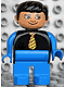 Minifig No: 4555pb131  Name: Duplo Figure, Male, Blue Legs, Black Top with Yellow Tie, Blue Arms, Black Hair, White in Eyes Pattern