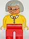 Lot ID: 265155561  Minifig No: 4555pb132  Name: Duplo Figure, Female, Red Legs, Yellow Blouse with White Collar and 2 Buttons, Gray Hair, Glasses
